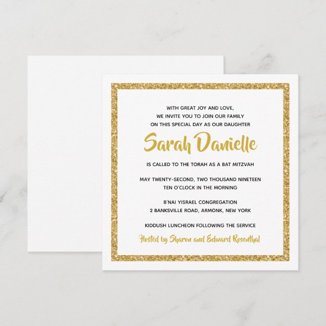 Invitation Bat mitzvah Carré blanc et or (Devant / Derrière)
