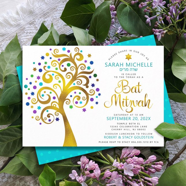 Invitation Bat mitzvah Chic Turquoise Gold Foil Arbre de vie (Créateur téléchargé)