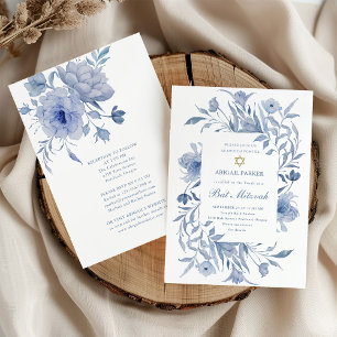 Invitation Bat mitzvah Chinoiserie florale bleue et blanche