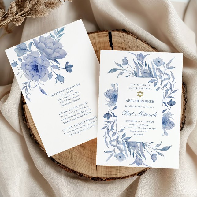 Invitation Bat mitzvah | Chinoiserie florale bleue et blanche (Créateur téléchargé)