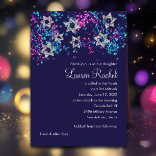 Invitation Bat mitzvah coloré Silver Star Glittery Confetti