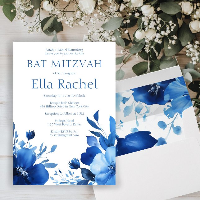 Invitation Bat mitzvah d'aquarelle Blue Blooms (Blue Blooms Watercolor BAT MITZVAH CUSTOM Invitation
)