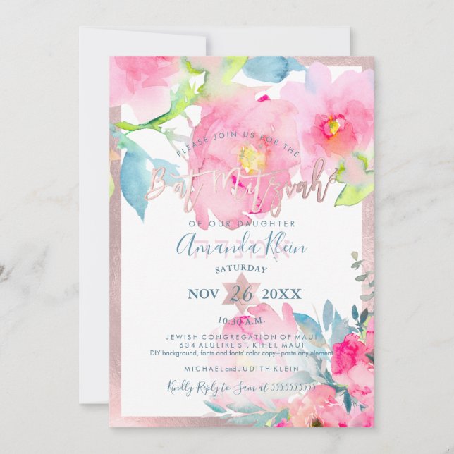 Invitation Bat mitzvah d'aquarelle florale PixDezines (Devant)
