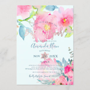 Invitation Bat mitzvah d'aquarelle florale PixDezines