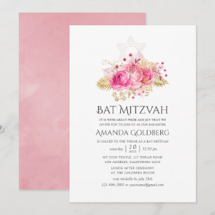 Invitation Bat mitzvah d'aquarelle Tropical Pink and Gold Ros