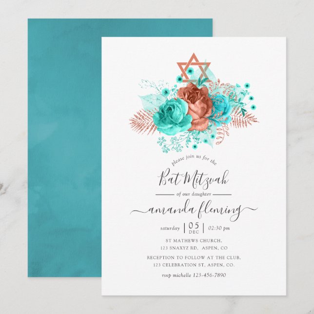 Invitation Bat mitzvah d'aquarelle turquoise et corail (Devant / Derrière)
