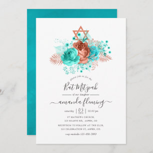 Invitation Bat mitzvah d'aquarelle turquoise et corail