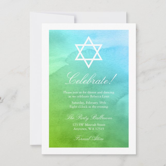 Invitation Bat mitzvah d'aquarelle Turquoise et vert (Devant)