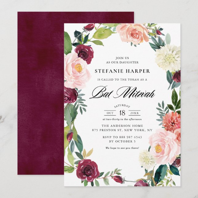Invitation Bat mitzvah d'automne de la couronne florale de Bo (Devant / Derrière)