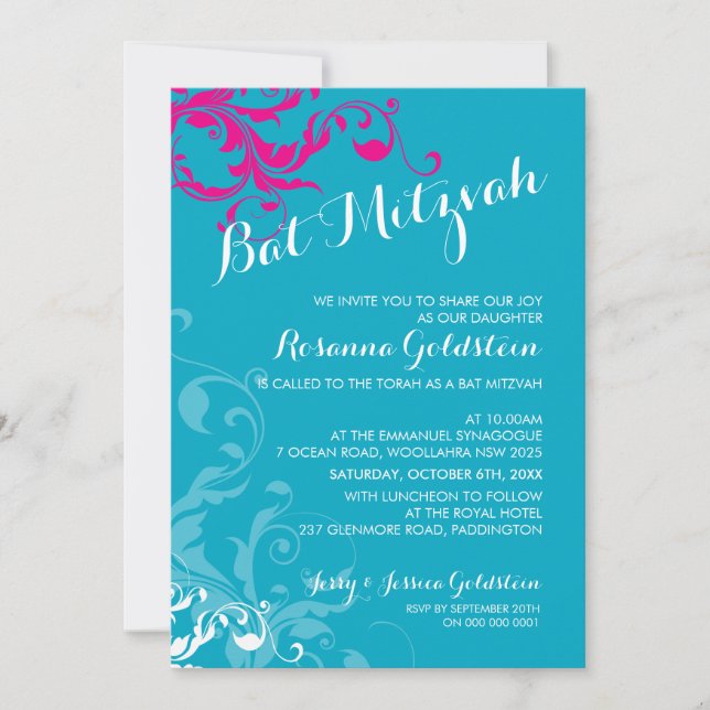 Invitation bat mitzvah de 128 marines fleurissent rose turquo (Devant)