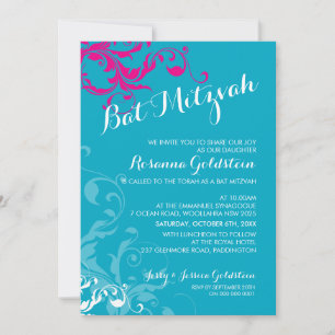 Invitation bat mitzvah de 128 marines fleurissent rose turquo
