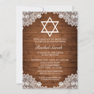 Invitation Bat mitzvah de bar en dentelle rustique et blanc