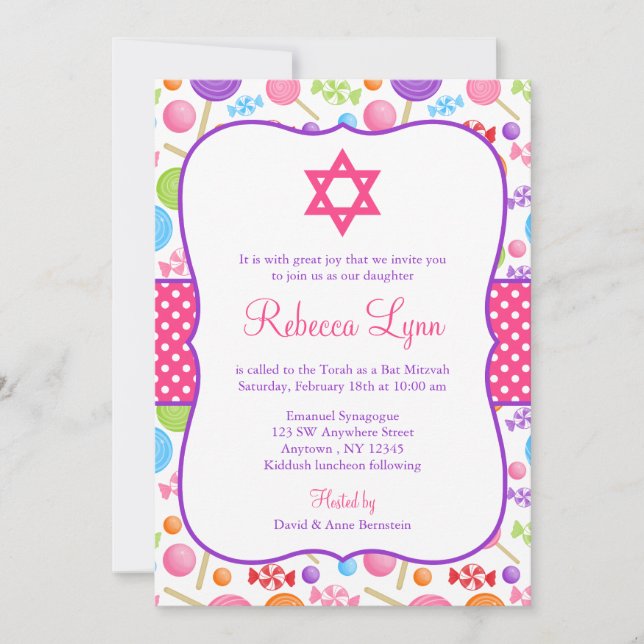 Invitation Bat mitzvah de bonbons mignon (Devant)