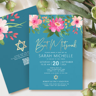 Invitation Bat mitzvah de code QR Turquoise Floral Gold Scrip