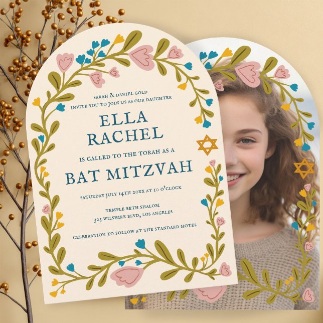 Invitation Bat mitzvah de couronne de fleurs photo personnali (Floral Wreath Bat Mitzvah Hand-drawn Custom PHOTO Invitation
)
