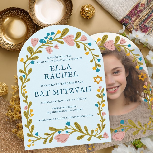 Invitation Bat mitzvah de couronne de fleurs photo personnali (Floral Wreath Bat Mitzvah Hand-drawn Custom PHOTO Invitation
)