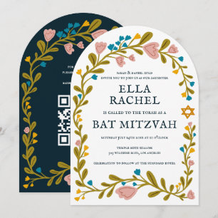 Invitation Bat mitzvah de couronne florale Code QR personnali