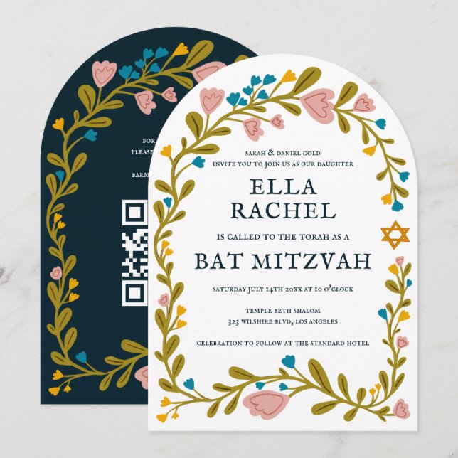 Invitation Bat mitzvah de couronne florale Code QR personnali (Devant / Derrière)