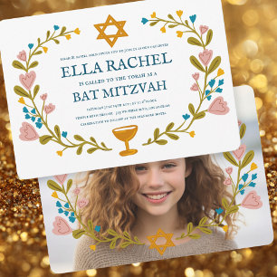 Invitation Bat mitzvah de couronne florale photo personnalisé