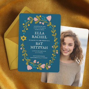Invitation Bat mitzvah de couronne florale photo personnalisé