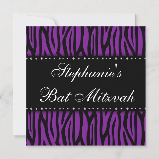 Invitation Bat mitzvah de diamants imprimés Zebra violet (Devant)