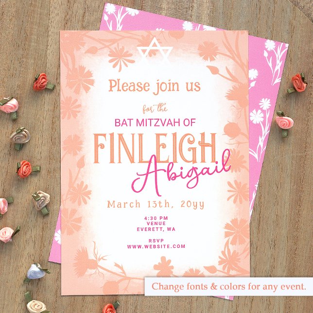 Invitation Bat mitzvah de fleurs sauvages roses et de fleur r (Peach, Pink Bat Mitzvah Invitation with Floral Border, Chic Wild Flower Design)