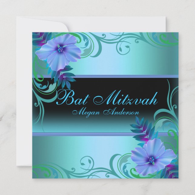 Invitation Bat mitzvah de fleurs vives bleu et vio (Devant)