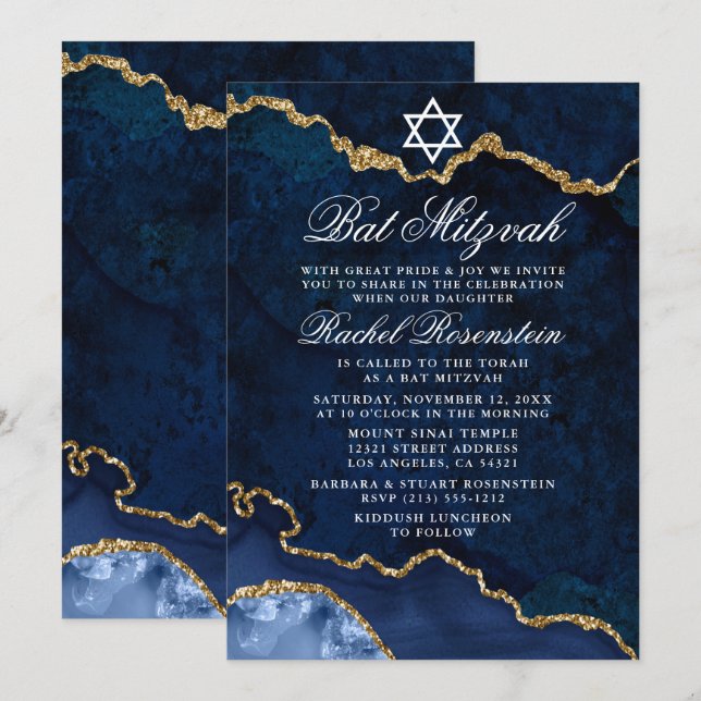 Invitation Bat mitzvah de Geode Moderne Elegant Blue Gold Mar (Devant / Derrière)