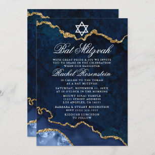 Invitation Bat mitzvah de Geode Moderne Elegant Blue Gold Mar