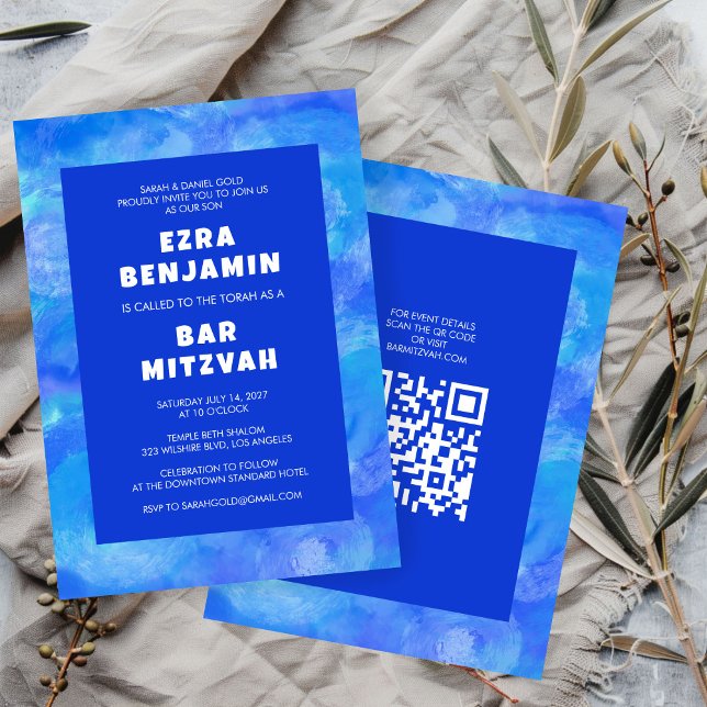 Invitation Bat mitzvah de la barre de CODE QR personnalisée (Watercolor Swirls Custom QR CODE Bar Bat Mitzvah Invitation
)