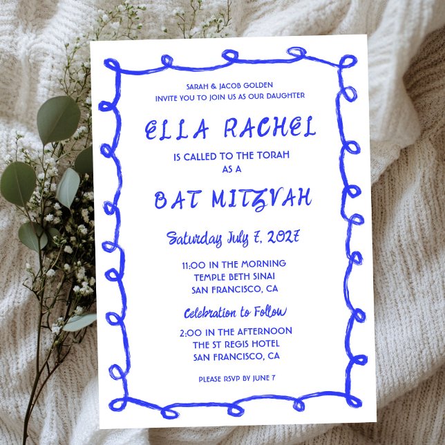Invitation Bat mitzvah de la barre personnalisée de boucles d (Messy Loops Hand Drawn Custom Bar Bat Mitzvah Invitation
)