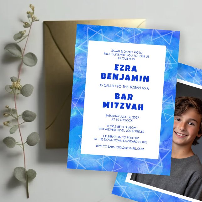 Invitation Bat mitzvah de la barre photo personnalisée de l'é (Watercolor Swirl Star Custom PHOTO Bar Bat Mitzvah Invitation
)