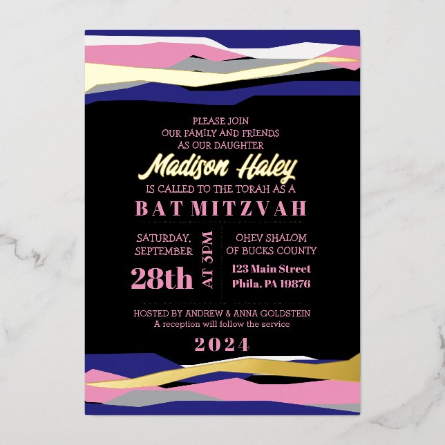 Invitation Bat mitzvah de la barre rose de la mari (Recto)