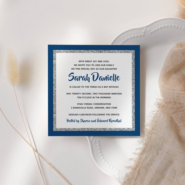 Invitation Bat mitzvah de la Glitterie Marine Carré d'argent  (Créateur téléchargé)