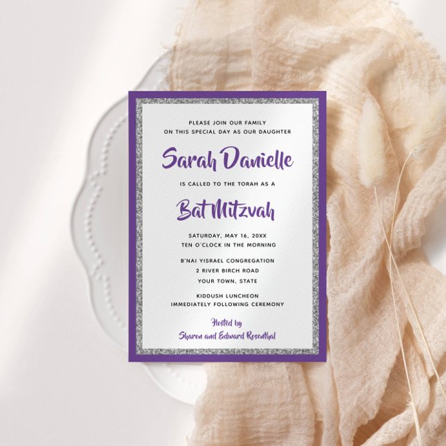 Invitation Bat mitzvah de la Glitterie, rectangle violet et a (Créateur téléchargé)