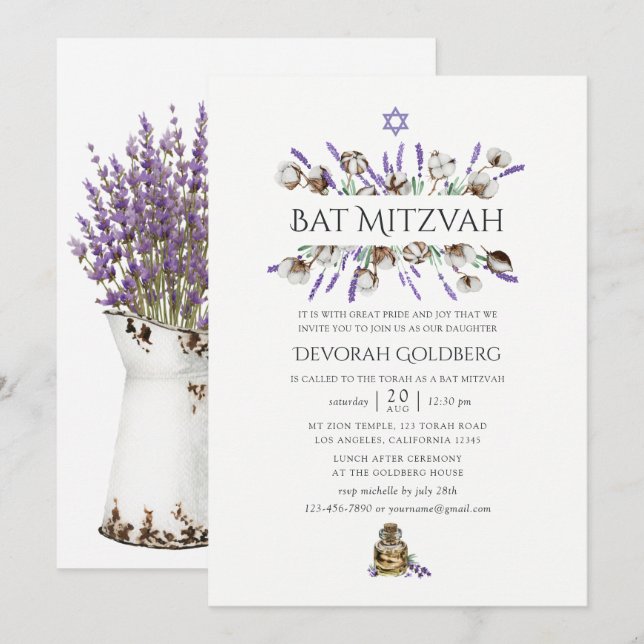 Invitation Bat mitzvah de lavande de coton aquarelle (Devant / Derrière)