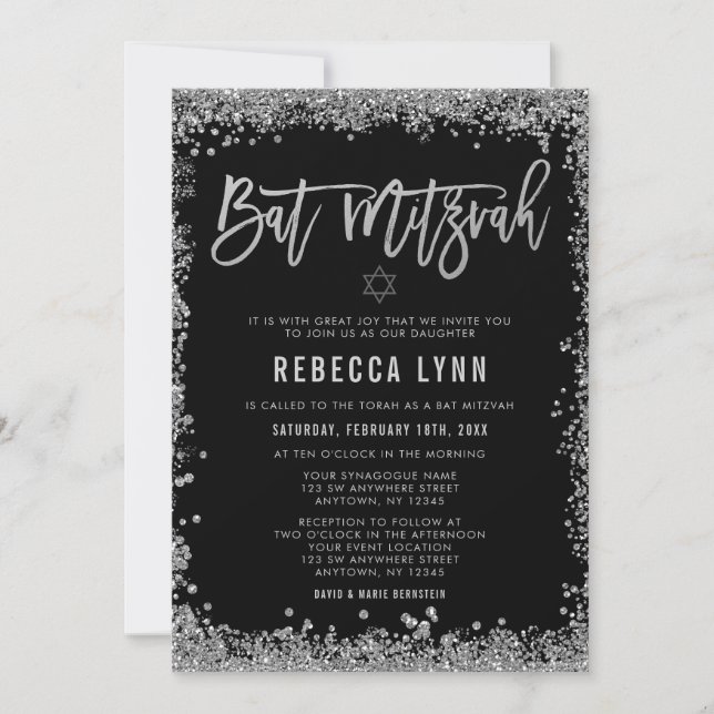 Invitation Bat mitzvah de Parties scintillant Black Silver Fa (Devant)