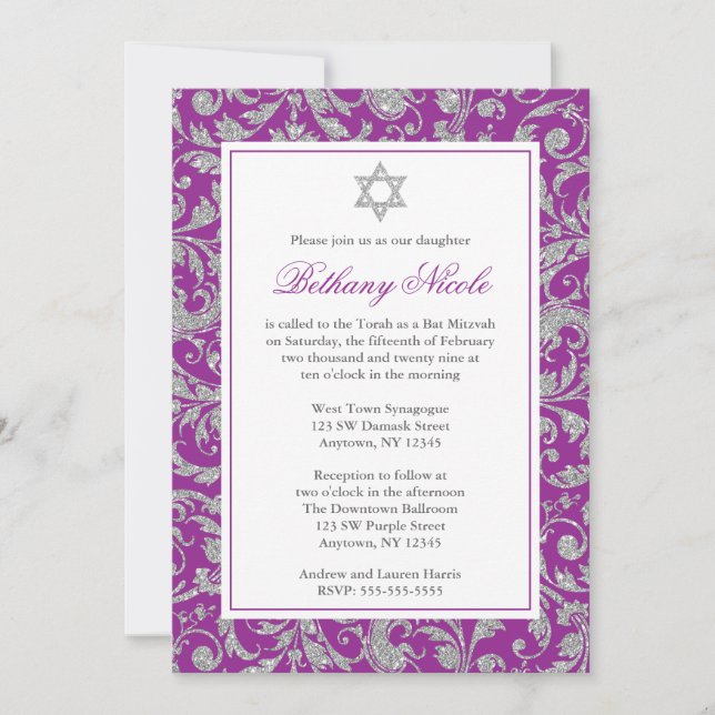 Invitation Bat mitzvah de Parties scintillant d'argent violet (Devant)