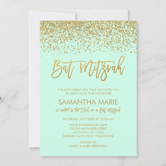 Invitation Bat mitzvah de Parties scintillant d'or Mint Faux (Devant)