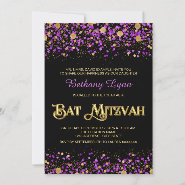 Invitation Bat mitzvah de Parties scintillant violet et or (Devant)