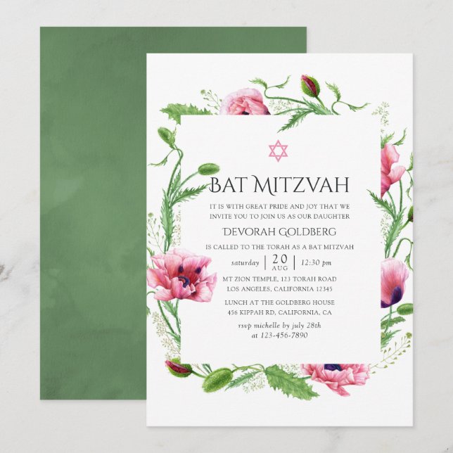 Invitation Bat mitzvah de pépites rose aquarelle (Devant / Derrière)