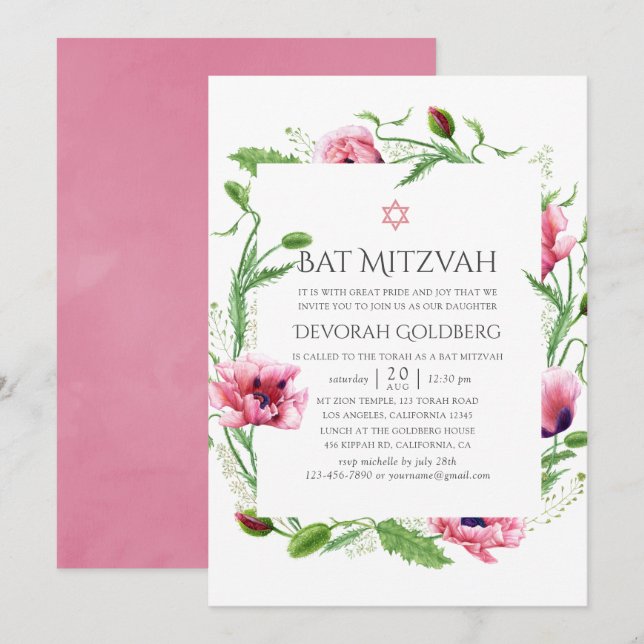 Invitation Bat mitzvah de pépites rose aquarelle (Devant / Derrière)