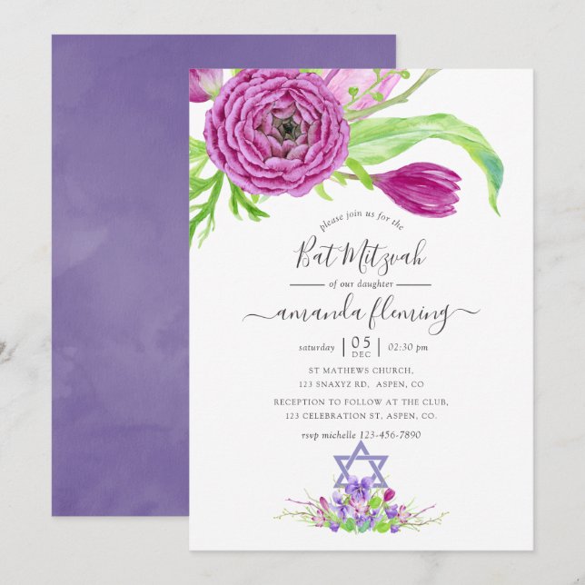 Invitation Bat mitzvah de printemps floral aquarelle (Devant / Derrière)