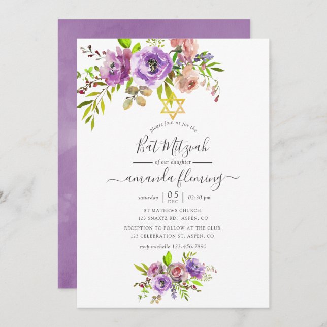 Invitation Bat mitzvah de printemps floral aquarelle (Devant / Derrière)