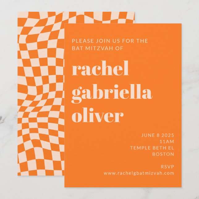 Invitation Bat mitzvah de tableau de bord Abstrait rétro oran (Devant / Derrière)