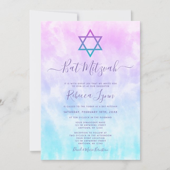 Invitation Bat mitzvah de teinture Turquoise pourpre (Devant)