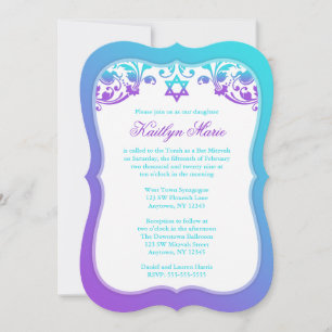 Invitation Bat mitzvah de tourbillons bleus pourpres et Turqu