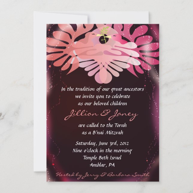 Invitation Bat mitzvah de Twins Dove of Peace B'na (Devant)
