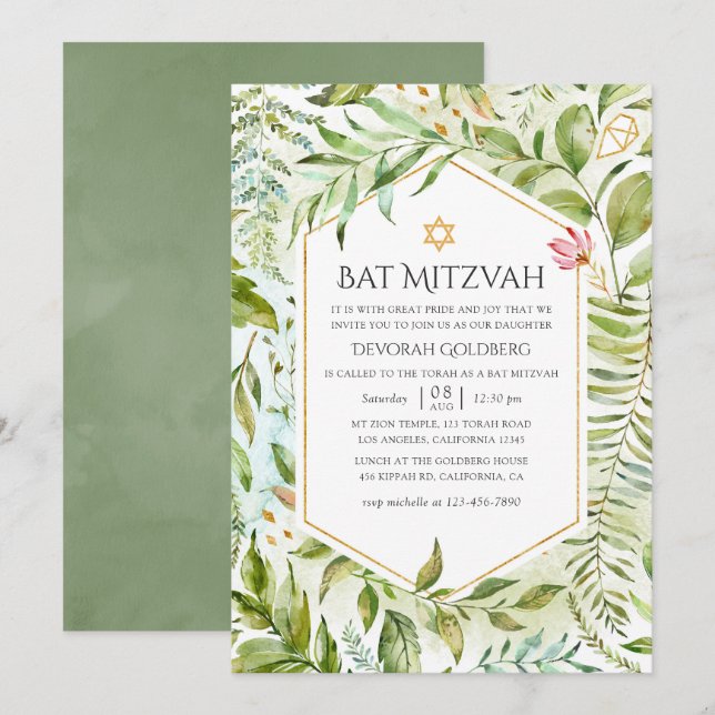Invitation Bat mitzvah de verdure cristal géométrique (Devant / Derrière)