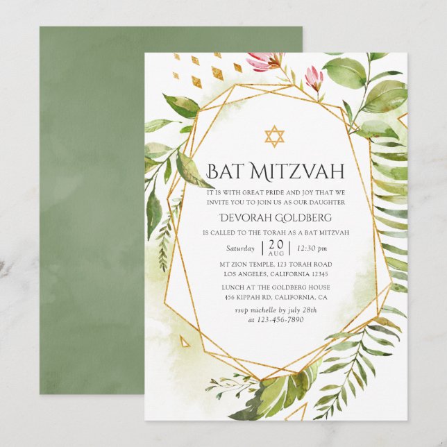 Invitation Bat mitzvah de verdure cristal géométrique (Devant / Derrière)